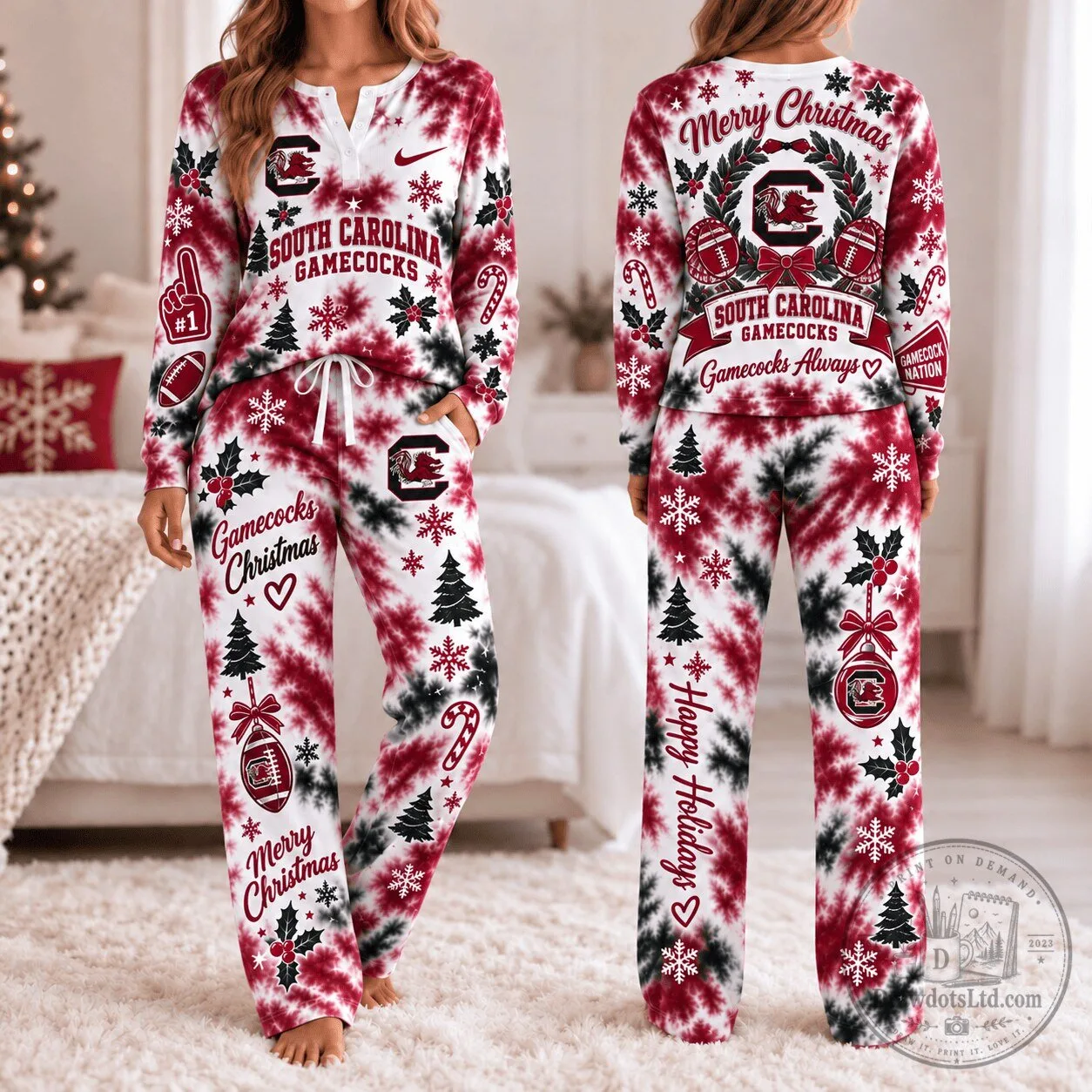 South Carolina Gamecocks Christmas Tie-Dye Long Sleeve Pajamas Set