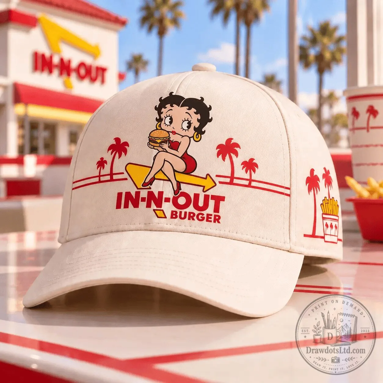 In-N-Out Burger Betty Boop Cartoon Character Graphic Print Baseball Cap Hat