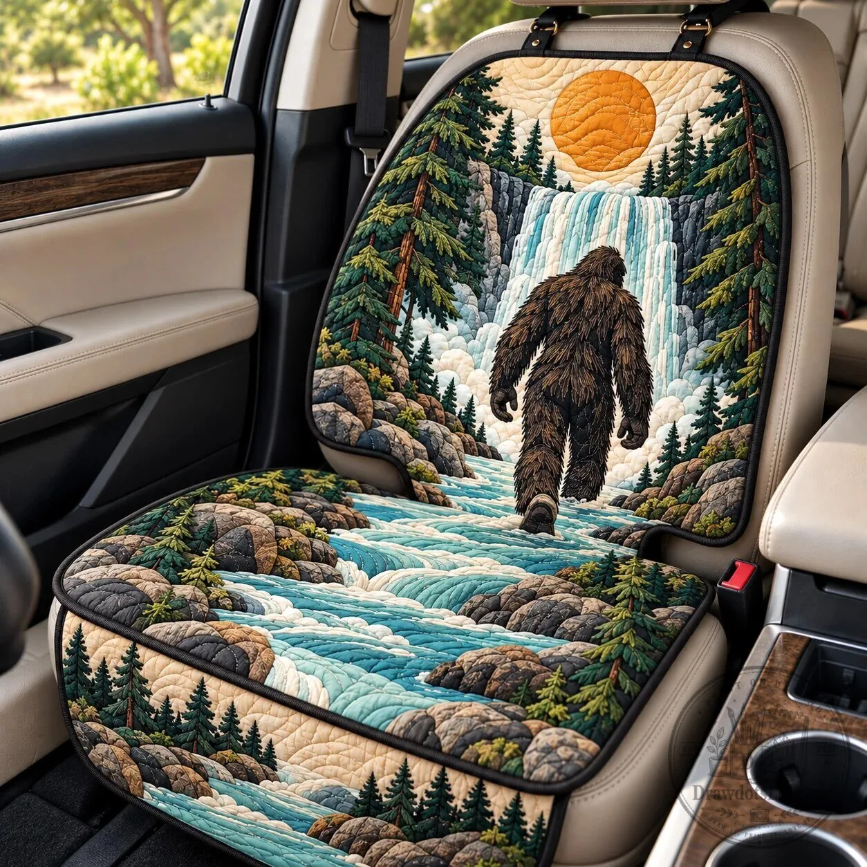 Bigfoot Waterfall Adventure Quilted Car Seat Cover Protector