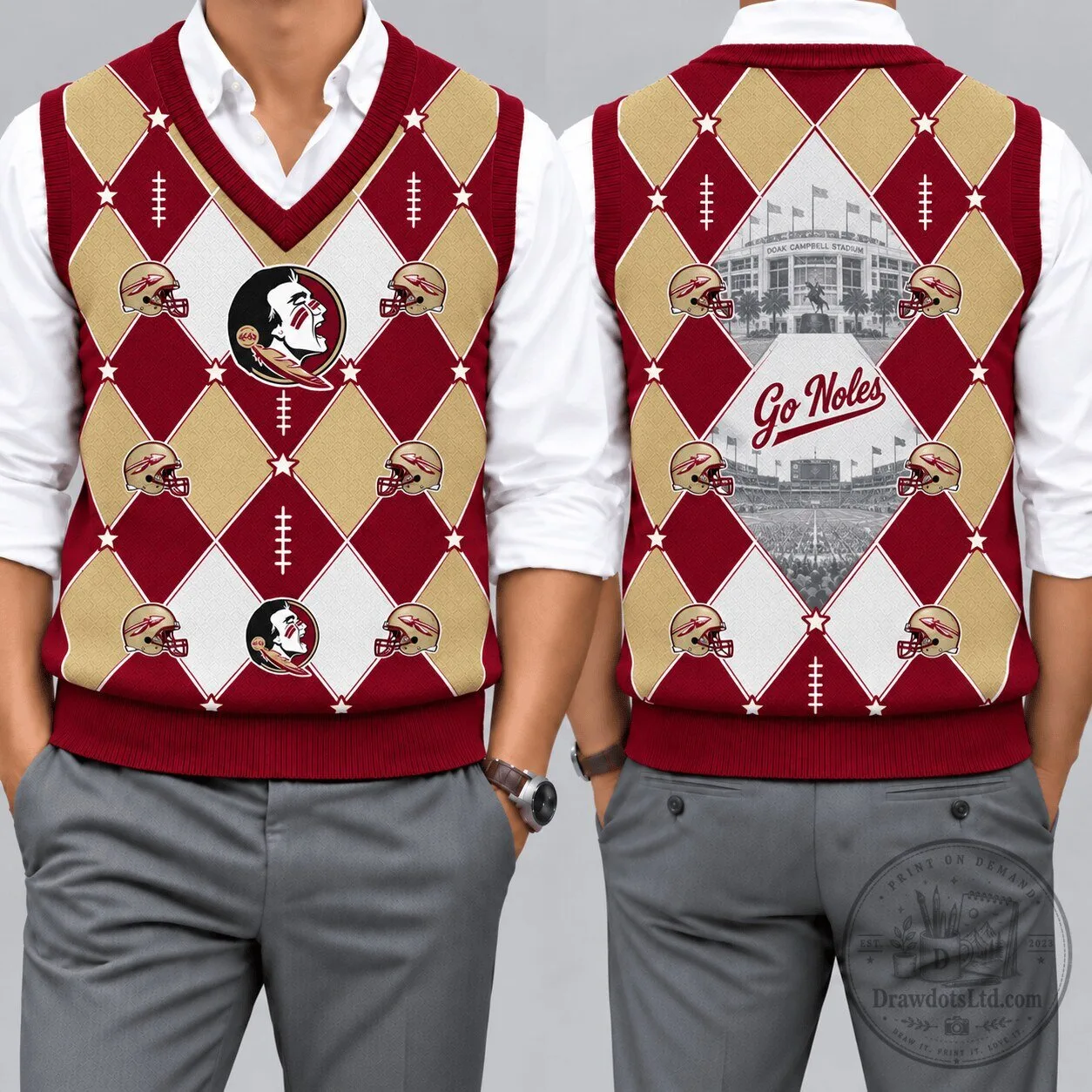 Florida State Seminoles Football Team Argyle V-Neck Knit Vest Sweater