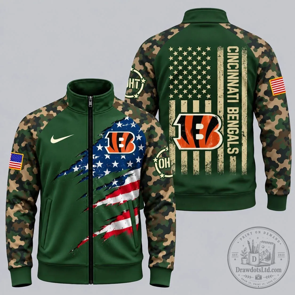 Cincinnati Bengals American Flag Military Camouflage Full-Zip Jacket