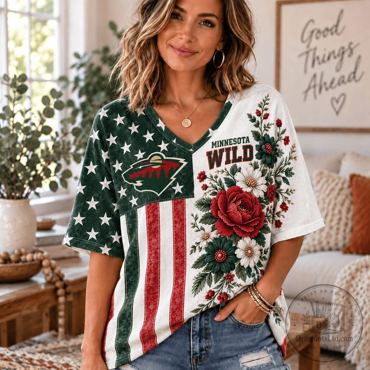 Minnesota Wild NHL Fan Shirt, Patriotic Floral V-Neck T-Shirt for Women