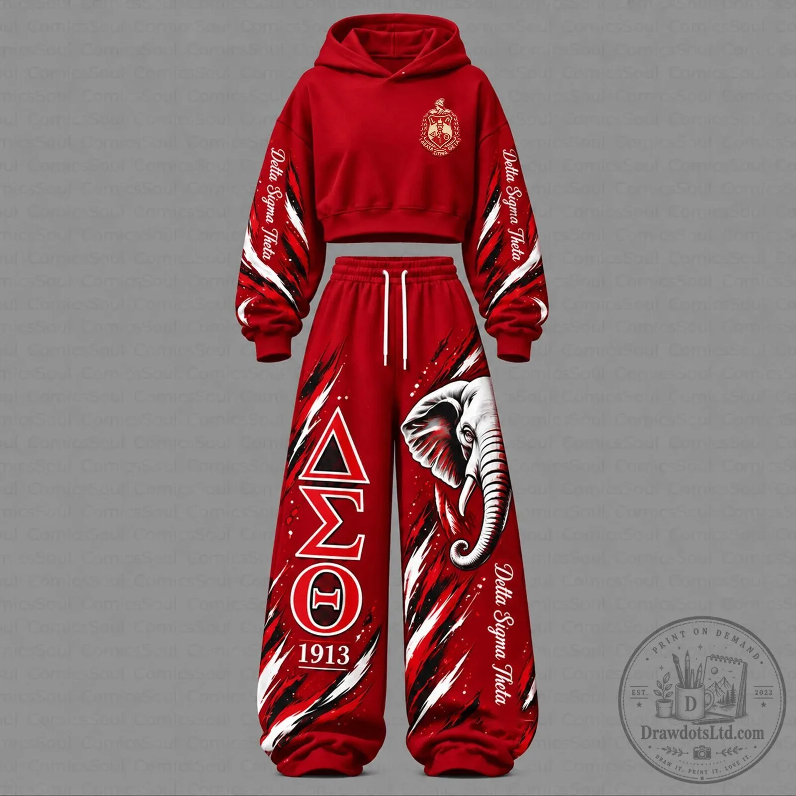 Delta Sigma Theta Sorority Elephant Red Crop Hoodie and Sweatpants Set