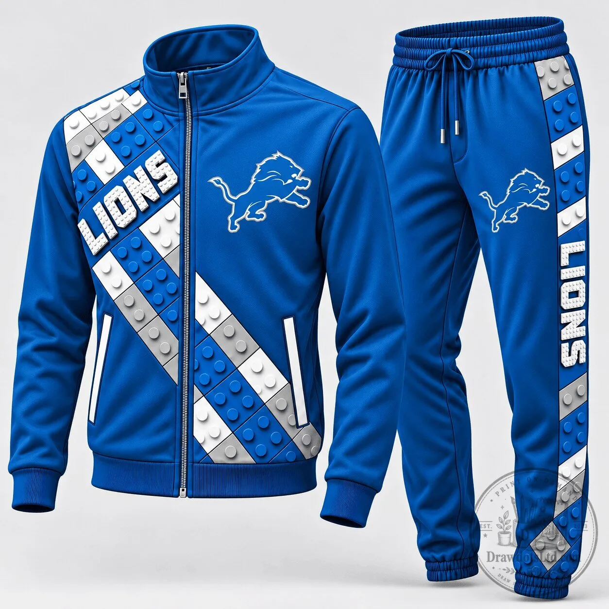 Detroit Lions NFL Football Team Blue Block Fusion Tracksuit Jacket and Pants Set