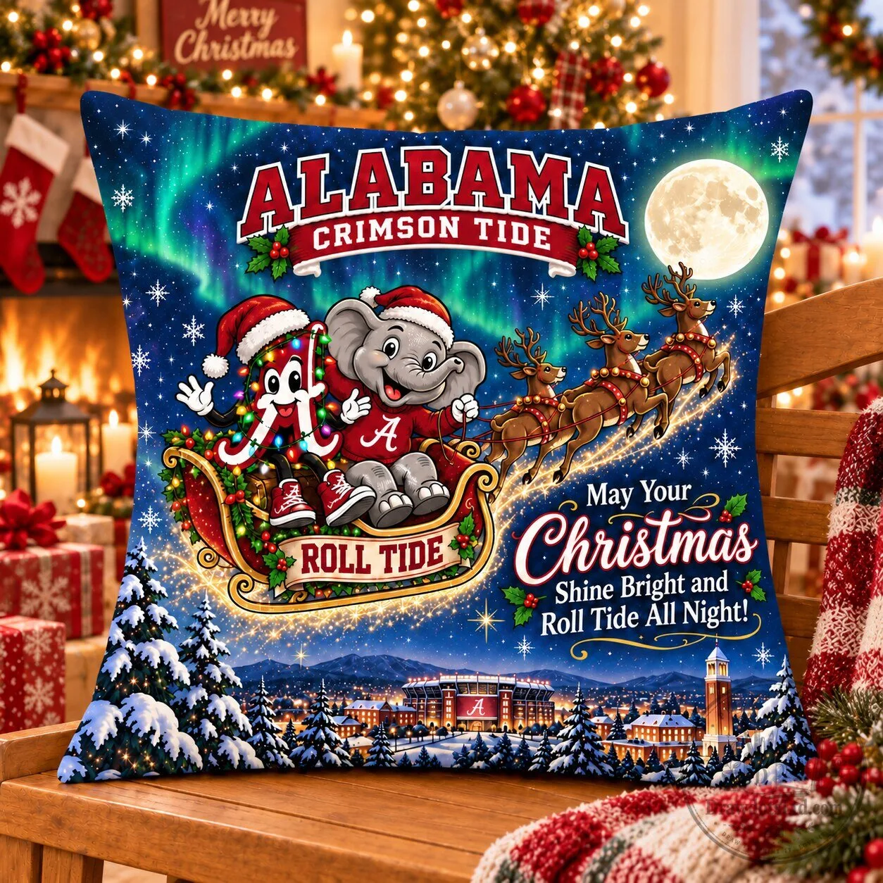 Alabama Crimson Tide Magical Christmas Night Flight Decorative Pillow