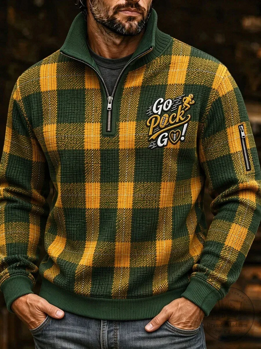 Go Puck Go Green and Gold Plaid Quarter-Zip Pullover Hoodie for Men