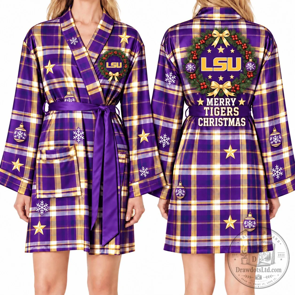 LSU Tigers Christmas Plaid Holiday Wreath Satin Robe