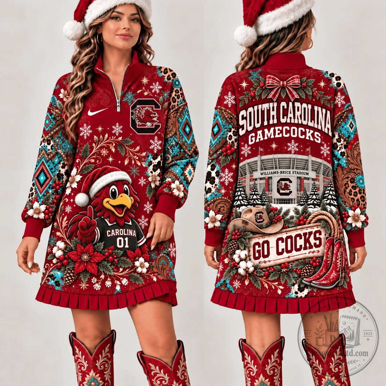 South Carolina Gamecocks Christmas Western Boho Quarter-Zip Dress