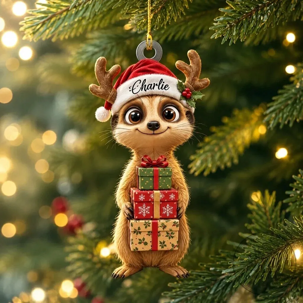Personalized Meerkat Christmas Ornament with Santa Hat and Gifts
