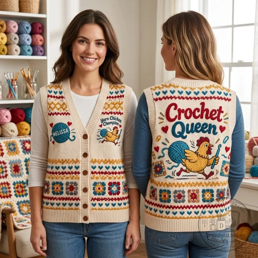 Crochet Queen Yarn Chicken Champion Button Up Cardigan Vest