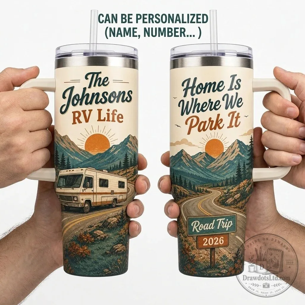 Personalized RV Life 40oz Tumbler with Handle - Custom Name Road Trip Gift for Campers
