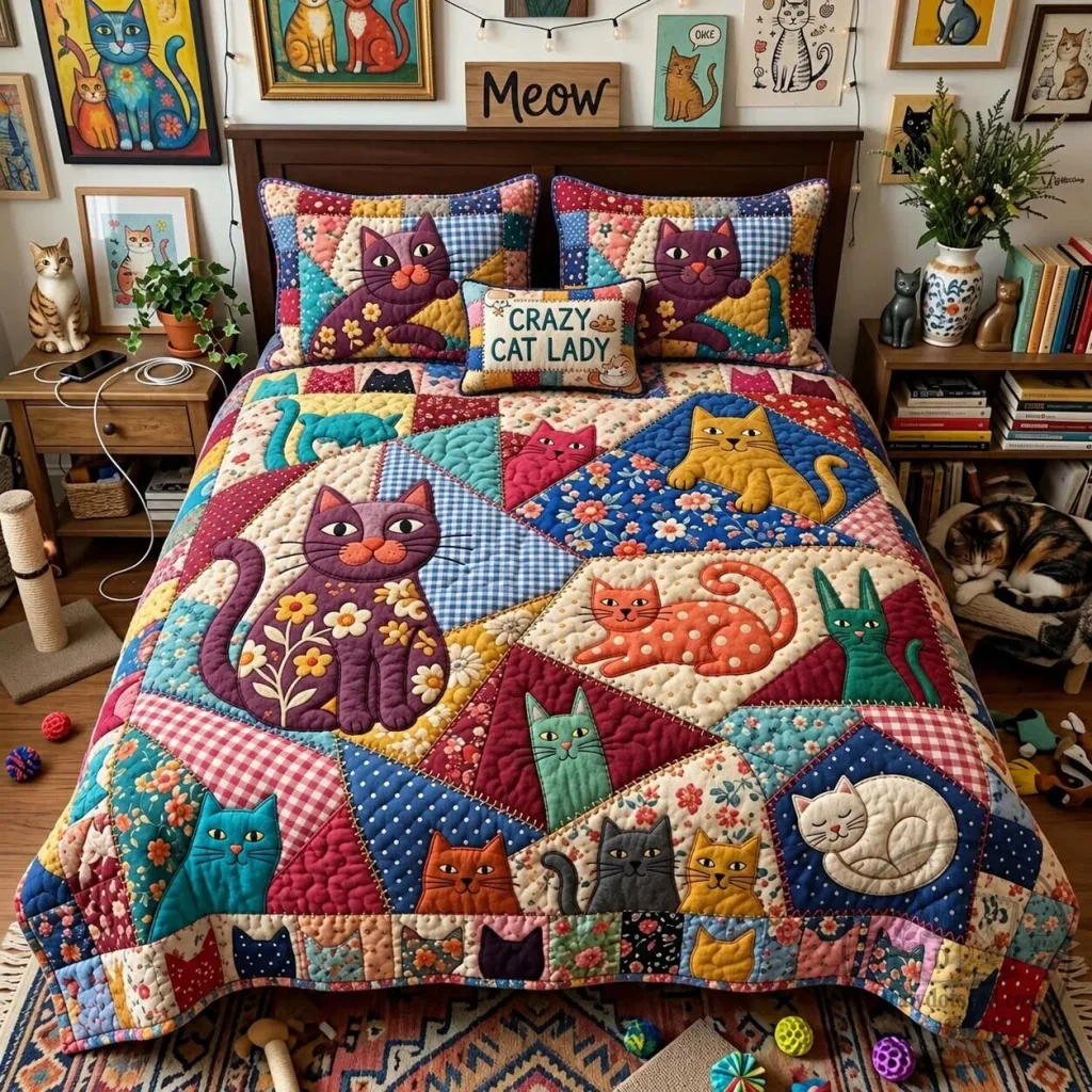 Crazy Cat Lady Patchwork Quilted Bedding Set with Feline Appliques Crazy Cat Lady Patchwork Quilted Bedding Set with Feline Appliques