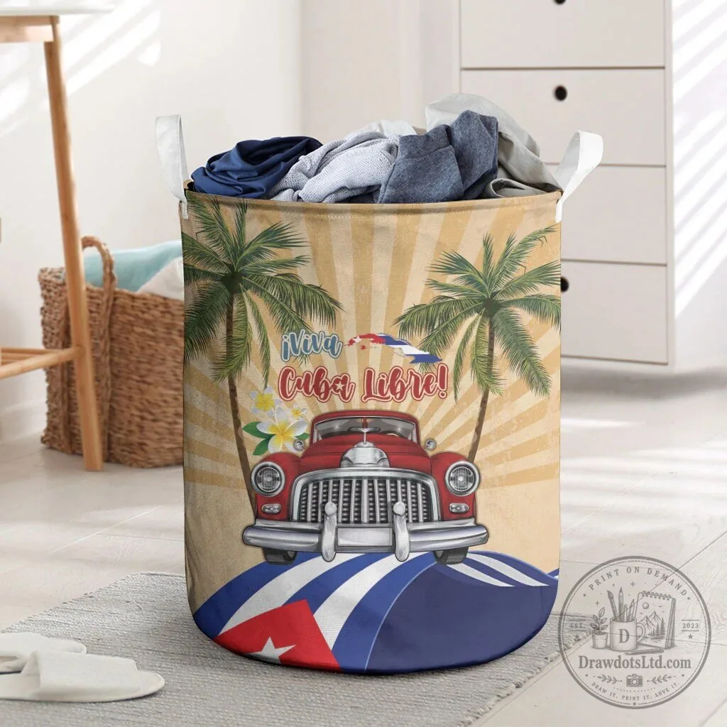 Viva Cuba Libre Cuban Flag Retro Car Palm Trees Laundry Basket